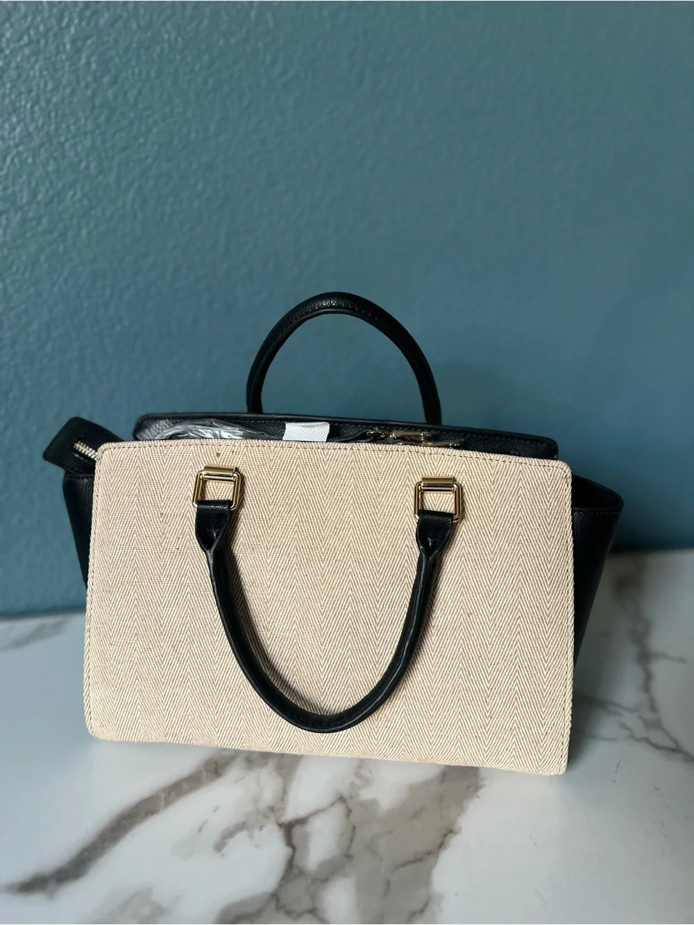New With Tags ANTONIO MELANI Black & Cream Structured Top-Handle Satchel